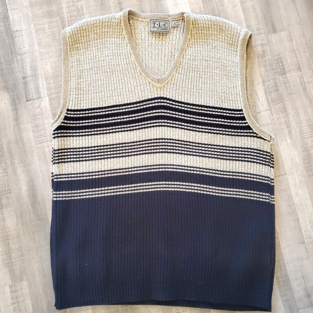 TLC Lambert Pullover V neck Sweater Vest Mens XL‎ Tan Navy Cable Knit Cotton VTG